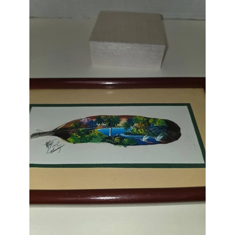 souvenir‎ artwork landscape painted on a bird feather folk art cranes